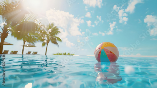 Summer holidays background with colorful beach ball floating on luxury swimming pool and copy space.