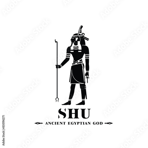 Silhouette of ancient egypt wind god shu, middle east ruler with crown and death symbol