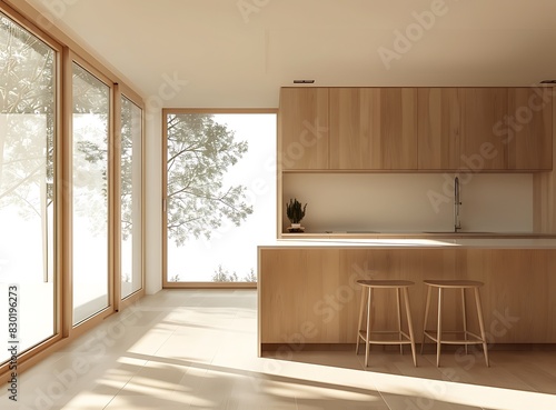 Minimalistic wooden kitchen interior with white walls, large window and counter bar on the right side of room, 3D rendering illustration