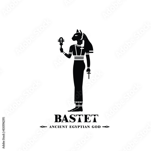 Ancient egypt god of protection bast silhouette, middle east ruler cat with crown and death symbol