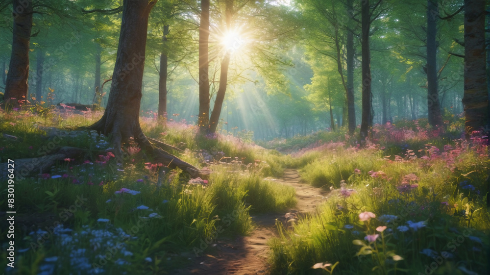 Obraz premium A mystical forest glade with sunlight filtering through the trees and wildflowers blooming. Generative AI.