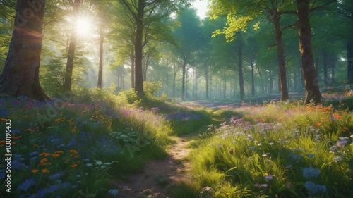 A mystical forest glade with sunlight filtering through the trees and wildflowers blooming. Generative AI.