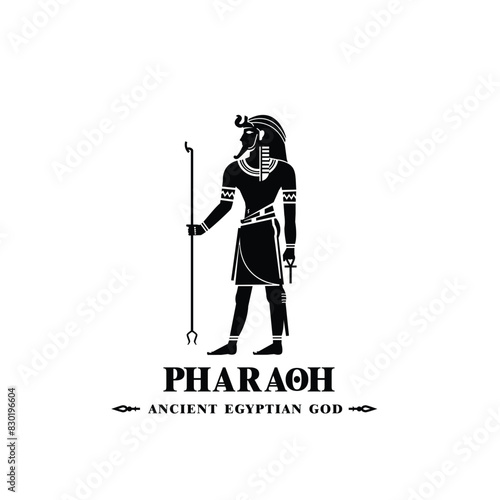 Silhouette of ancient egyptian god pharaoh, middle east king with crown and death symbol