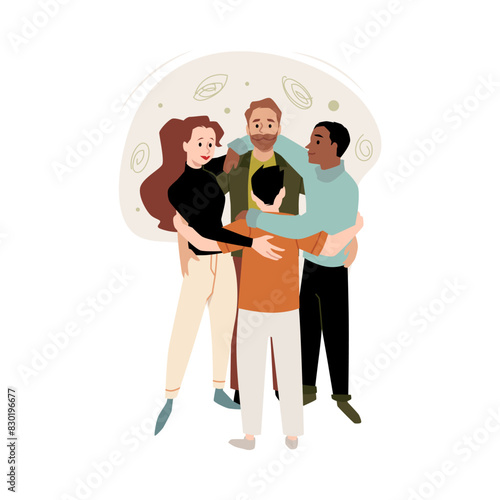 Vector image friendly group hugs demonstrating teamwork and unity on a white background