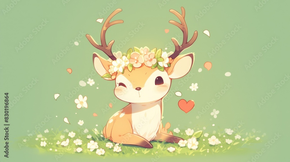A charming deer sporting a floral crown on its head exuding love in an adorable kawaii fashion A charming deer sporting a floral crown on its head exuding love in an adorable kawaii fashion