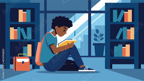 Despite the buzz of students rushing in and out of classrooms a student sits in a peaceful corner of the library lost in thought while writing their endofsummer reflections on the. Vector illustration