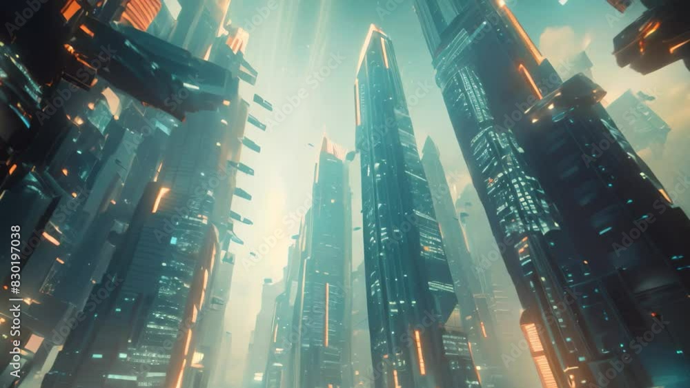 A futuristic city with towering skyscrapers in the background ...