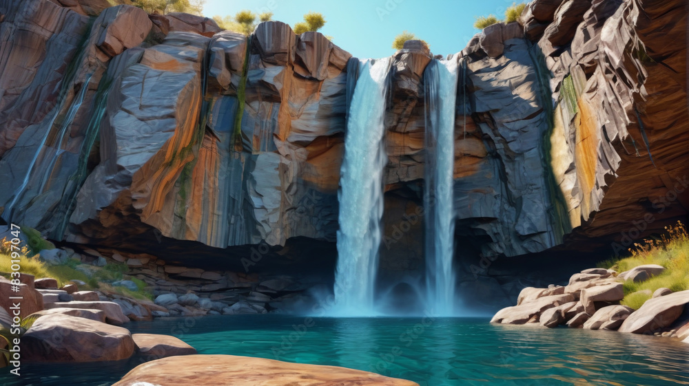 Fototapeta premium A majestic waterfall cascading down rugged cliffs into a crystal clear pool below. Generative AI.