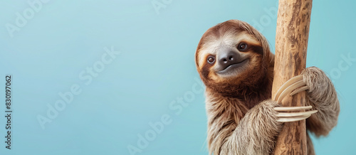 Sloth climbing a tree trunk, funny jungle animal, blue background, hanging on a branch photo