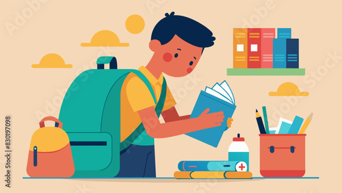 As they prepare for the day ahead the student meticulously arranges their papers and folders in their backpack a daily ritual that helps them feel confident and prepared for their. Vector illustration