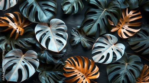  A black background features a cluster of green and orange leaves Their tops bear white and orange stripes, while their bottom halves remain unadorned photo