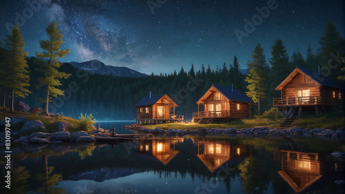 A tranquil lakeside retreat with wooden cabins, a campfire, and stars twinkling in the night sky. Generative AI. © 4K_Heaven