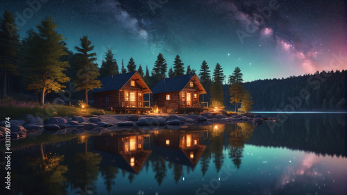 A tranquil lakeside retreat with wooden cabins, a campfire, and stars twinkling in the night sky. Generative AI. © 4K_Heaven