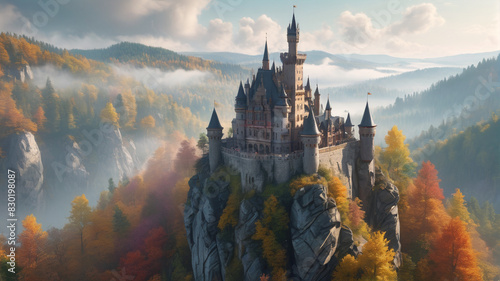 A majestic castle atop a cliff overlooking a vast forest with mist swirling around the turrets. Generative AI. photo