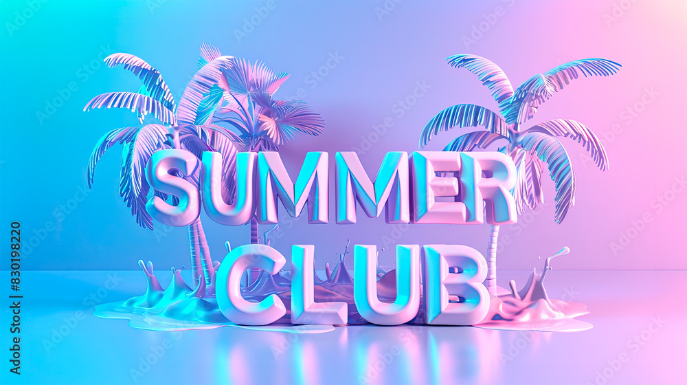A colorful image of a tropical beach with palm trees and word Summer club at sunset