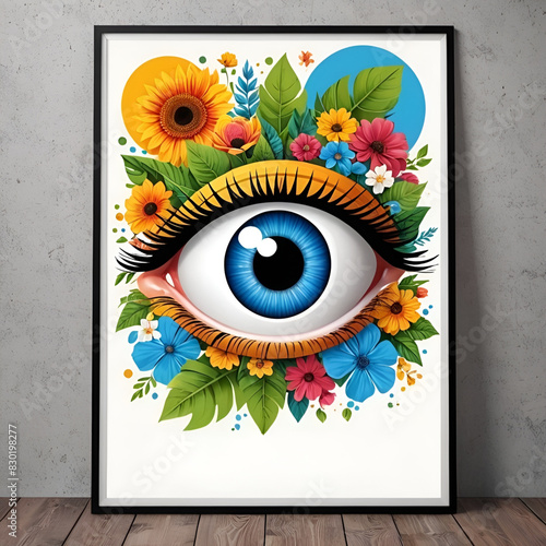 Mockup poster diseño ojo entre flores y hojas