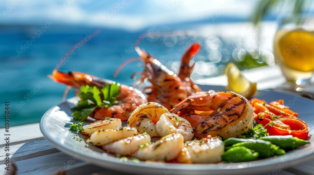 Grilled seafood plate with a mix of shrimp and scallops served by the sea, capturing a taste of the ocean breeze. Grilled seafood plate with a mix of shrimp and scallops served by the sea, capturing a taste of the ocean breeze.