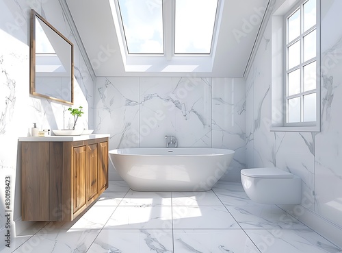 Modern bathroom with white marble tiles  a freestanding bathtub and skylights in the ceiling  