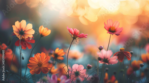 Colorful cosmos flowers in the meadow  spring background. Blurred background with sunlight and shadows. Vintage color tone