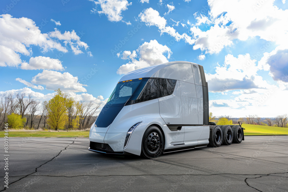 Obraz premium Futuristic White Semi-Truck on Open Road