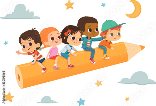 Multicultural Children Fly While Sitting Astride a Yellow Pencil. Clouds And Stars in the Background. Imagination And Cognition Concept.