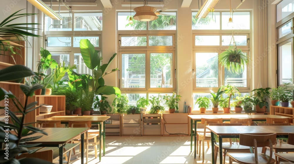 Modern classroom with lush plants, large windows, abundant sunlight, wooden furniture, ecofriendly, tranquil atmosphere