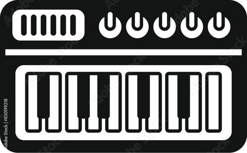 Vector illustration of a mini electronic synthesizer keyboard icon in black and white, perfect for music production, studio technology, and midi control