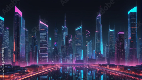 A futuristic city skyline at night with neon lights illuminating the skyscrapers. Generative AI.