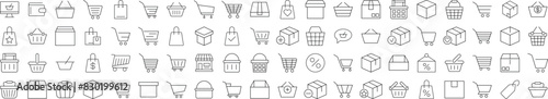 Outline Signs of Shops, Stores, Shopping Cart and Shopping Basket for Adverts. Suitable for books, stores, shops. Editable stroke in minimalistic outline style. Symbol for design