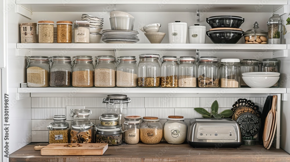 Kitchen Organization: A neatly organized kitchen with labeled jars, matching containers, and clever storage solutions, showcasing the beauty of organization. Kitchen Organization: A neatly organized kitchen with labeled jars, matching containers, and clever storage solutions, showcasing the beauty of organization.
