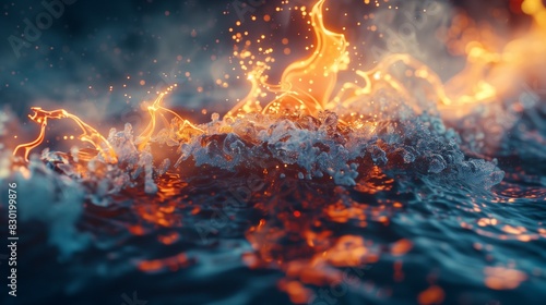 Abstract illustration of dynamic fire and water waves blending together in