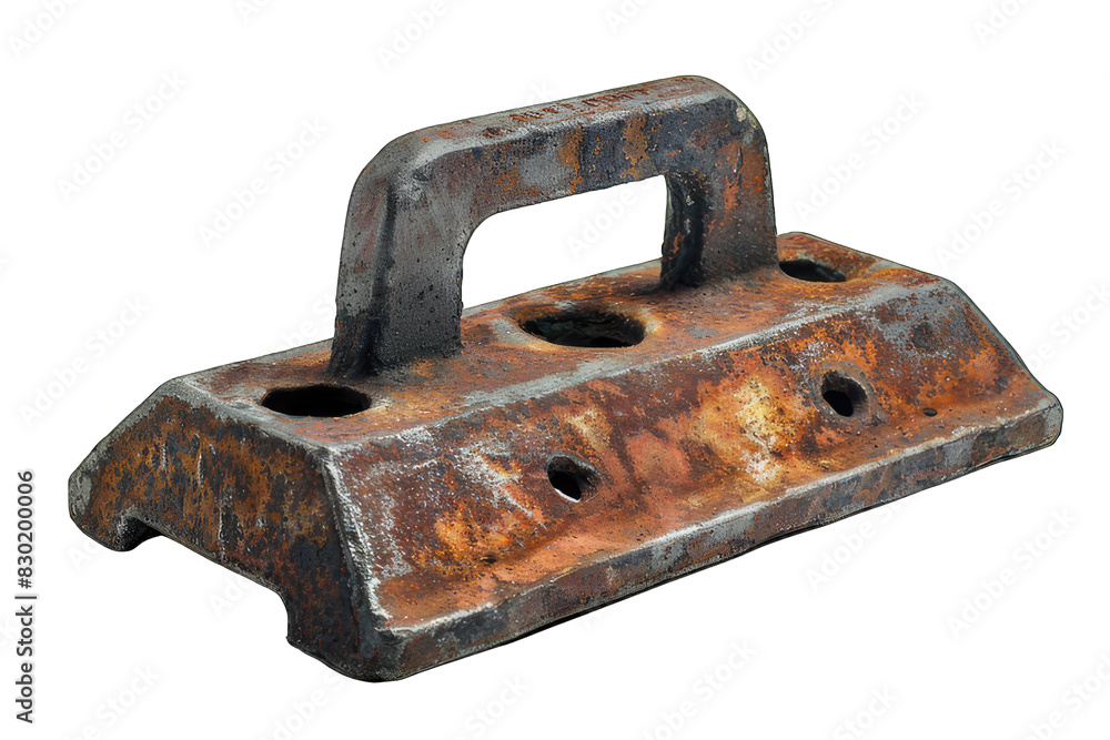 Rusty metal railroad tie plate with a handle, showing wear and corrosion, isolated on white background for industrial and historical themes. Rusty metal railroad tie plate with a handle, showing wear and corrosion, isolated on white background for industrial and historical themes.