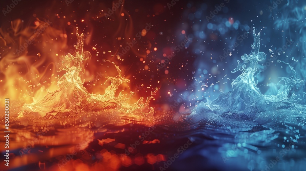 Artistic waves of fire and water colliding in an abstract dance in