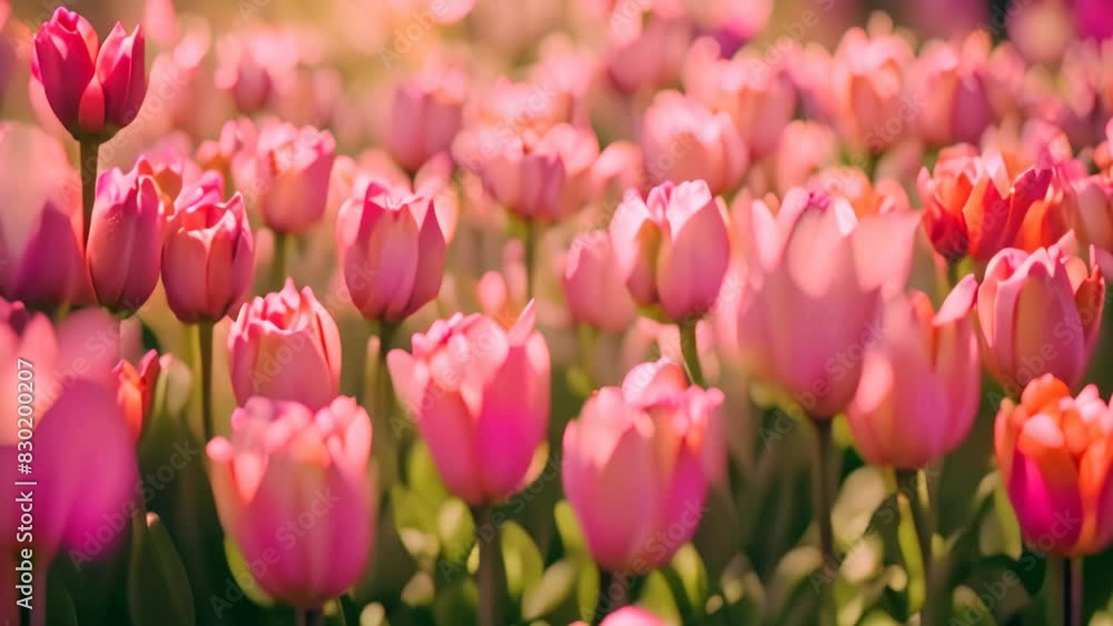 Field of pink tulips with soft focus background, A gentle breeze blowing through a field of tulips Field of pink tulips with soft focus background, A gentle breeze blowing through a field of tulips