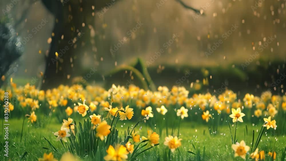 Yellow daffodils in a field getting soaked by raindrops, A gentle rain shower falling on a field of daffodils Yellow daffodils in a field getting soaked by raindrops, A gentle rain shower falling on a field of daffodils