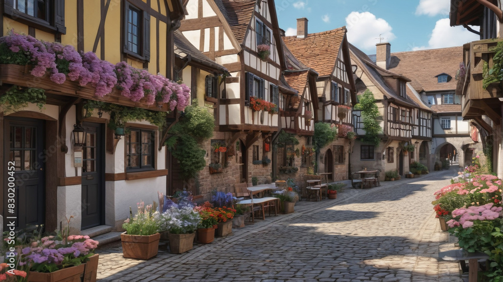 A quaint European village with cobblestone streets, half-timbered houses, and blooming flower boxes. Generative AI.