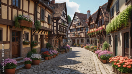 A quaint European village with cobblestone streets  half-timbered houses  and blooming flower boxes. Generative AI.