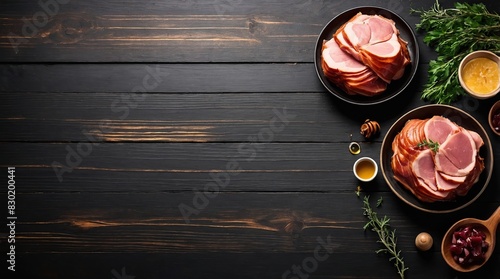 Traditional Sliced Honey Glazed Ham On a black wooden background. Top view. Free space for your text. photo
