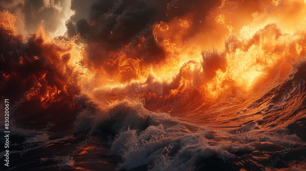 Mesmerizing dance of fiery and watery waves creating a surreal backdrop in