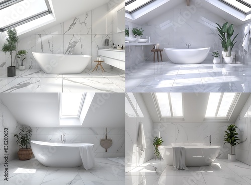 Modern bathroom with white marble tiles  a freestanding bathtub and skylights