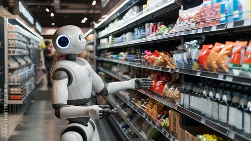 A robot assists in a retail store by restocking shelves and helping customers find products