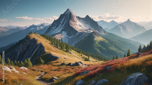 A serene mountain summit with panoramic views of valleys, forests, and distant peaks. Generative AI. photo