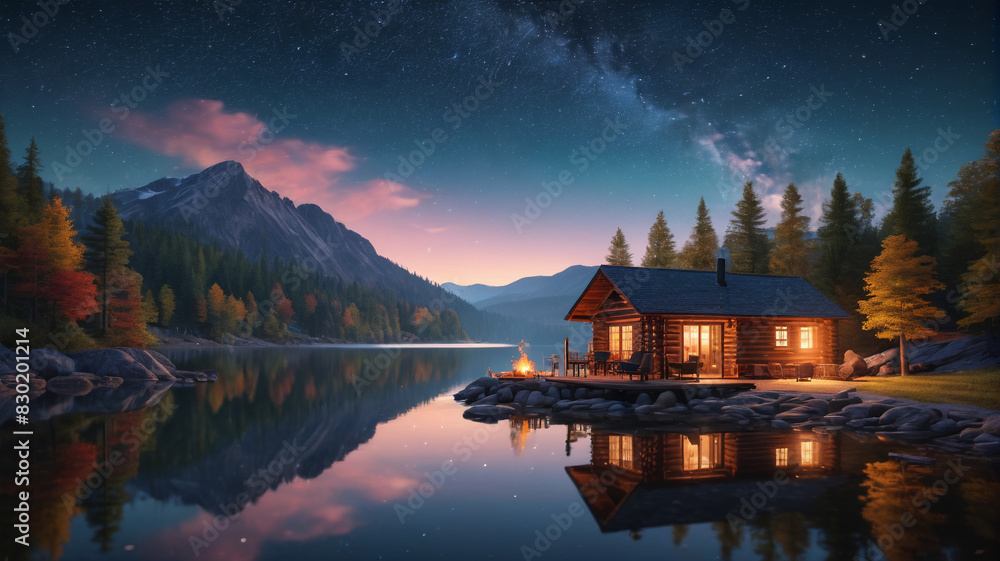Fototapeta premium A peaceful lakeside retreat with cozy cabins, a campfire, and star-filled skies above. Generative AI.