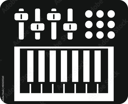 Black and white icon depicting a detailed audio mixer console for music and sound engineering