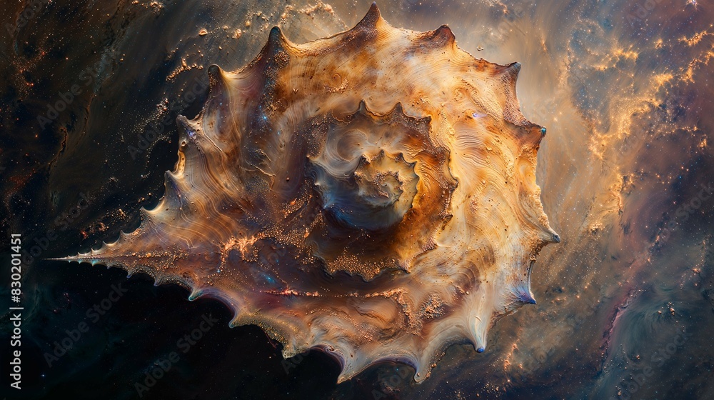 Close-Up of a Shell with Cosmic Patterns in Space. Close-Up of a Shell with Cosmic Patterns in Space.