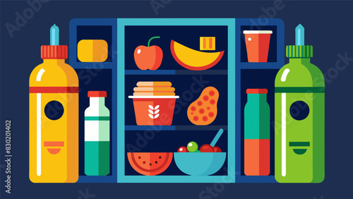 A variety of healthy snacks and water bottles neatly p in a cubby hole providing easy access for midday munchies and staying hydrated.. Vector illustration