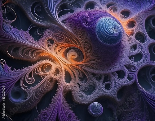 Intricate Abstract Design with Purple and Orange Swirling Patterns and Cosmic Elements.