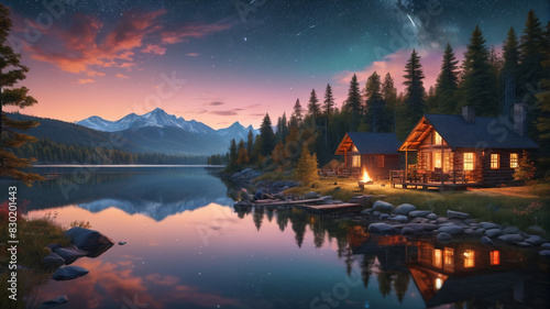 A peaceful lakeside retreat with cozy cabins, a campfire, and star-filled skies above. Generative AI. © 4K_Heaven