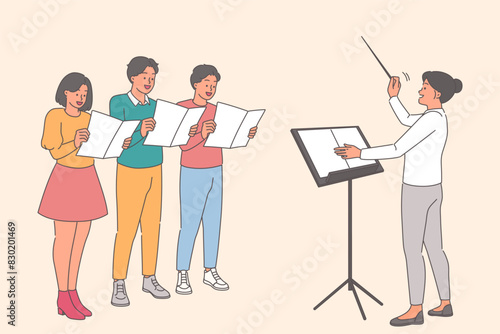 Choral singing from teenagers standing near conductor and rehearsing performance of new song