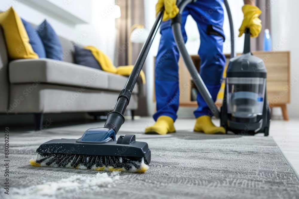 Obraz premium Person Cleaning Carpet with Vacuum in Living Room